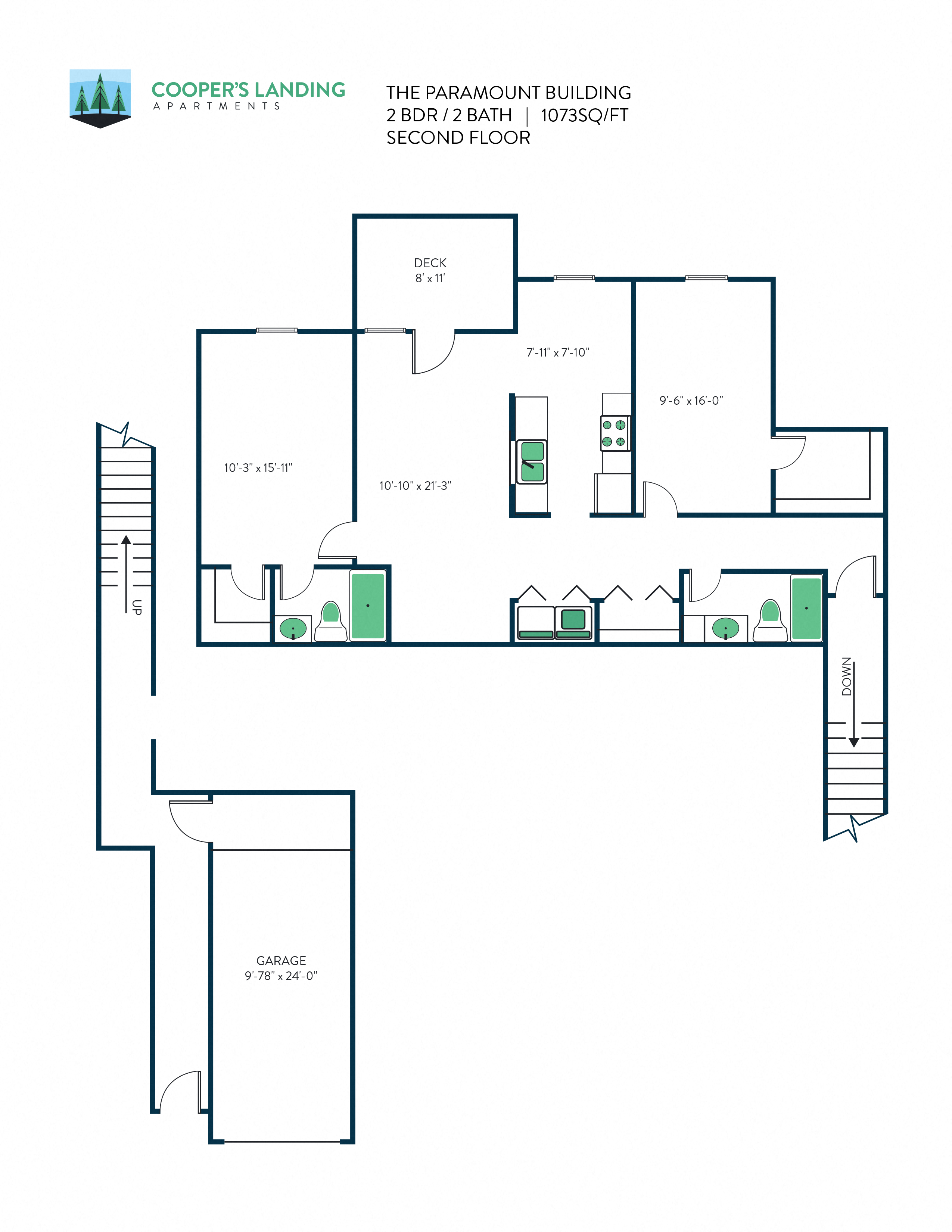 Floor plan for 2 beds, 2 baths, 1073 sqft